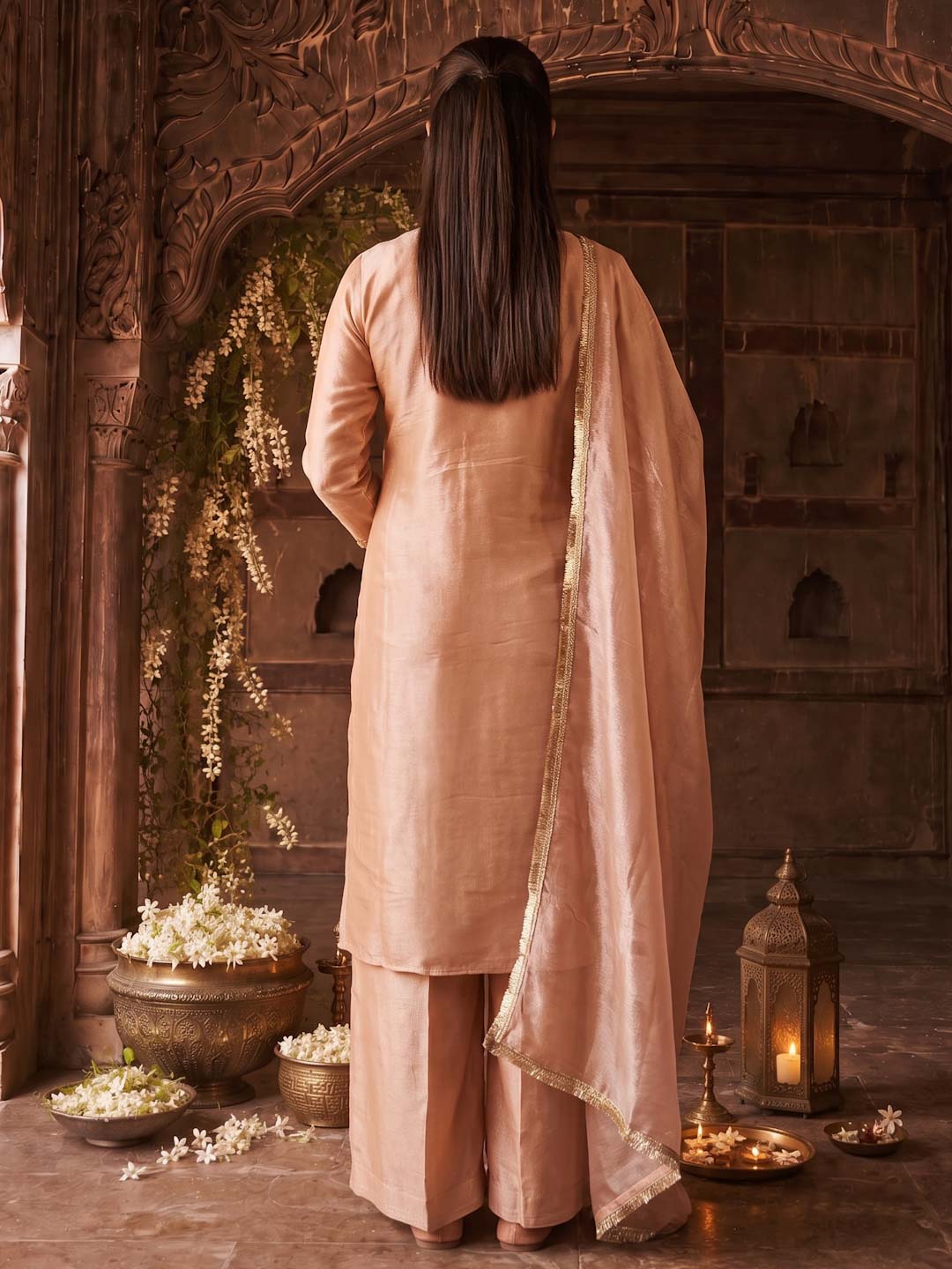 PEACH PINK TISSUE EMBROIDERED SUIT SET WITH DUPATTA