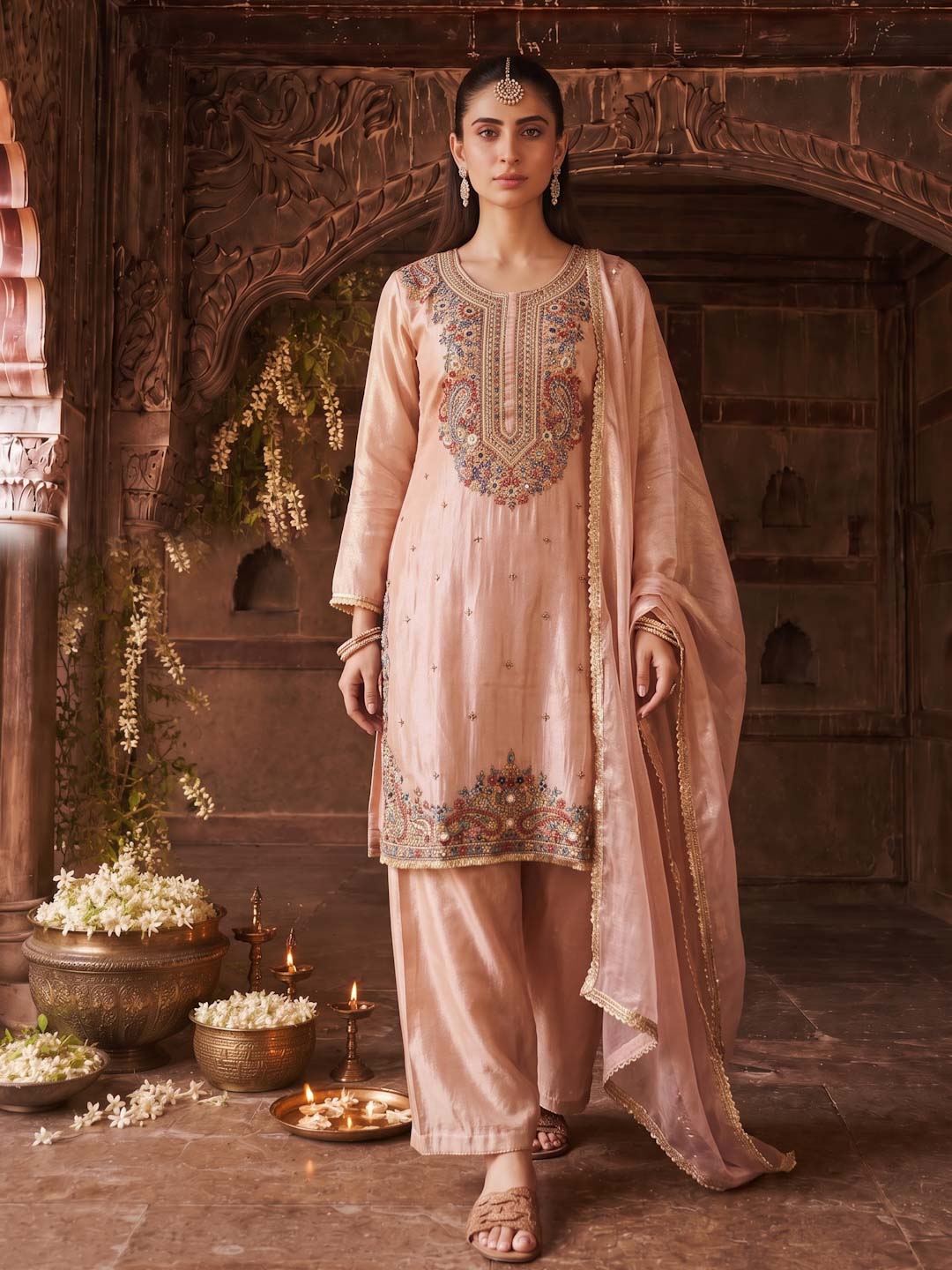 PEACH PINK TISSUE EMBROIDERED SUIT SET WITH DUPATTA