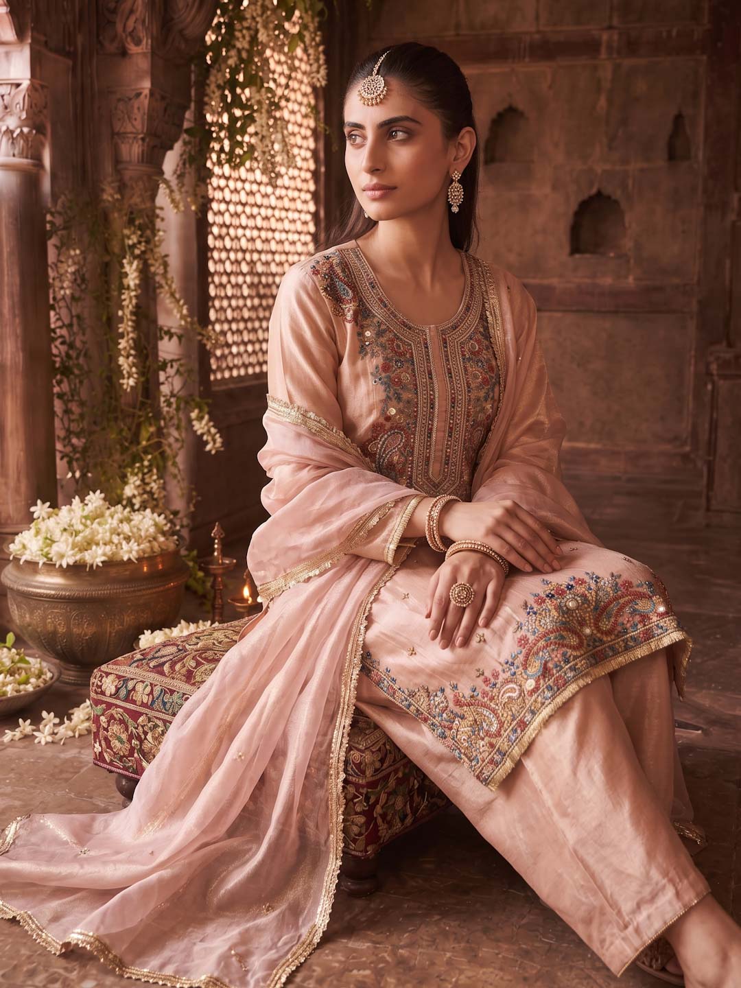 PEACH PINK TISSUE EMBROIDERED SUIT SET WITH DUPATTA
