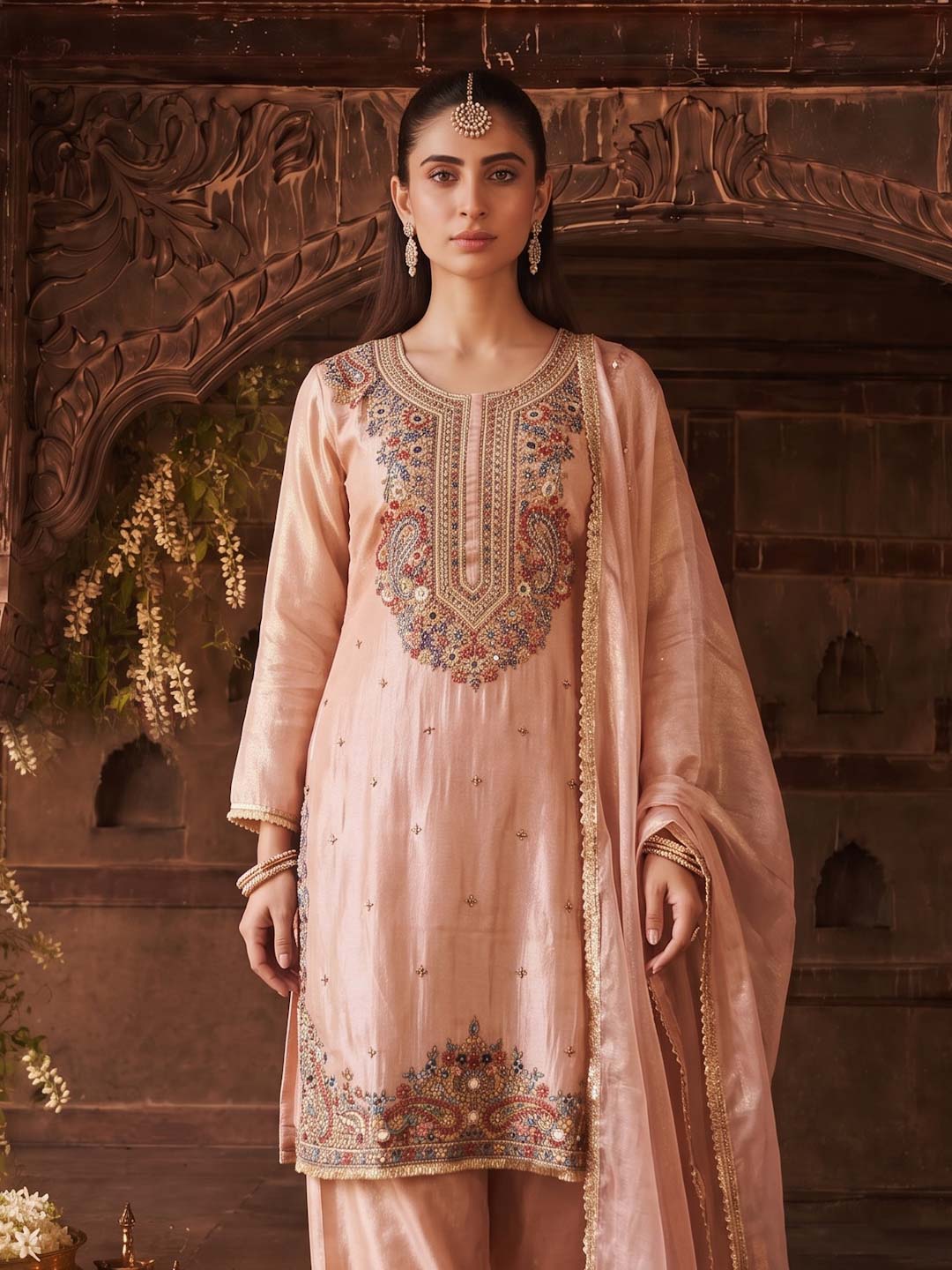 PEACH PINK TISSUE EMBROIDERED SUIT SET WITH DUPATTA