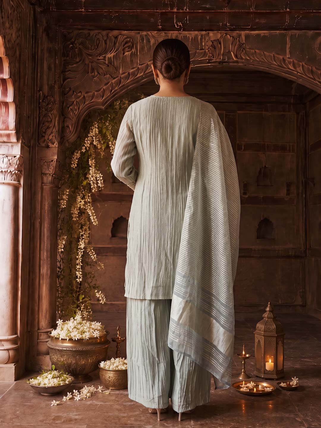 MUTED GREY GOLDEN TISSUE HANDWORK SUIT SET