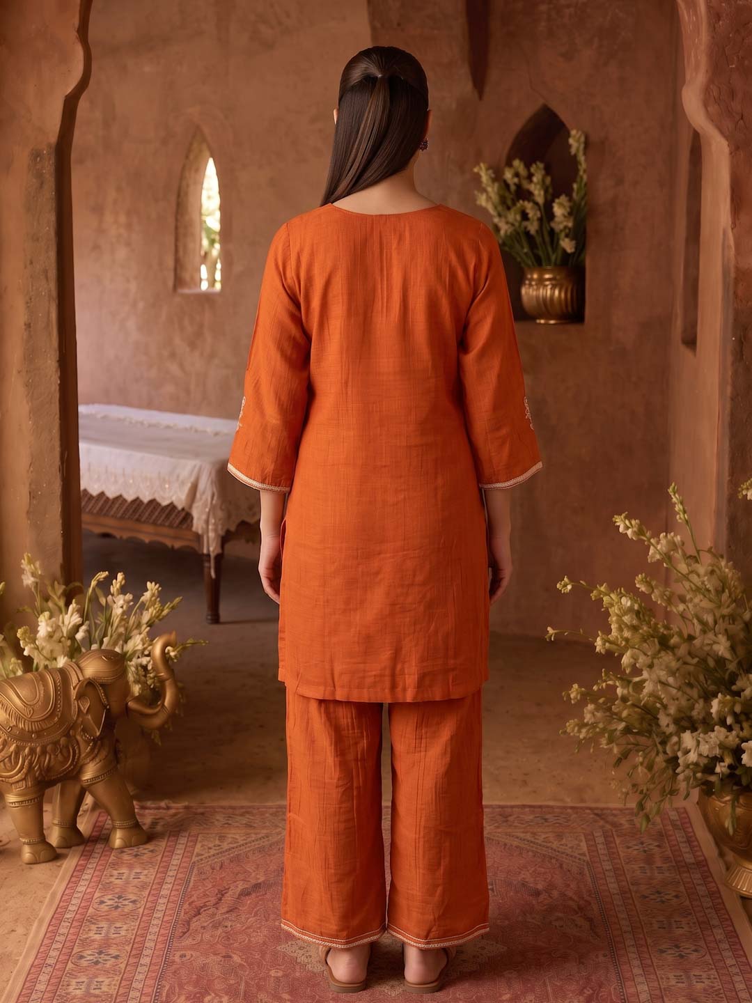 TANGERINE ORANGE MUL CHANDERI HANDWORK CO-ORD SET
