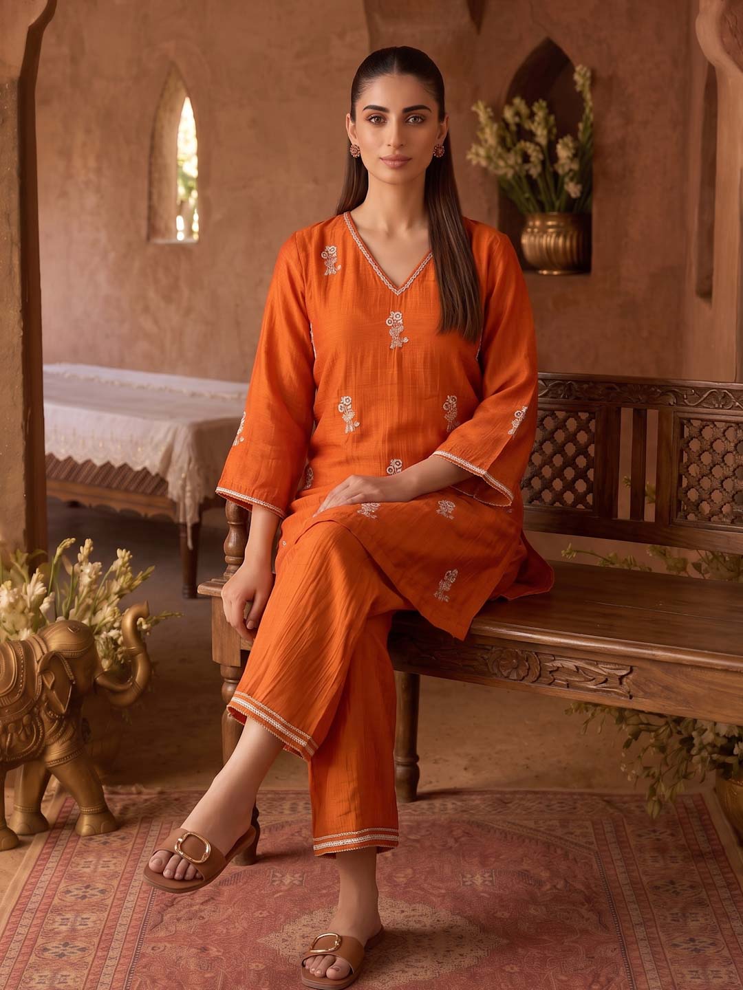 TANGERINE ORANGE MUL CHANDERI HANDWORK CO-ORD SET