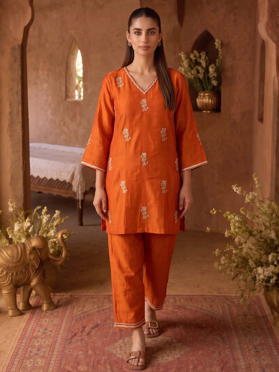 TANGERINE ORANGE MUL CHANDERI HANDWORK CO-ORD SET