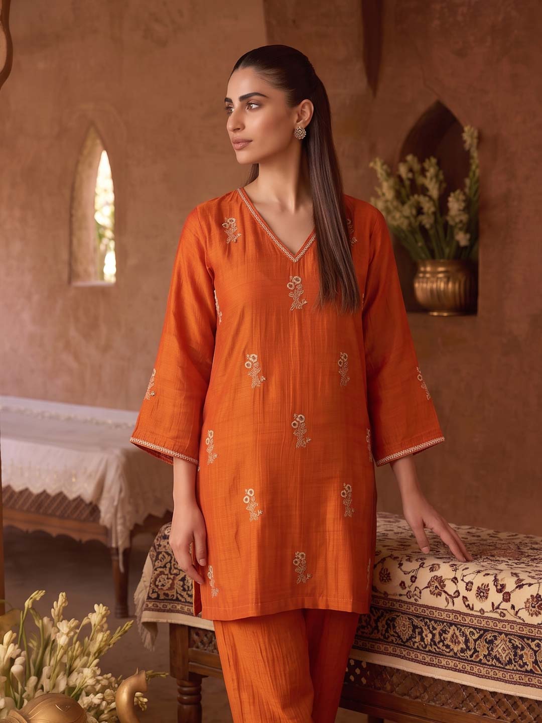 TANGERINE ORANGE MUL CHANDERI HANDWORK CO-ORD SET