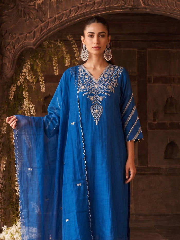 TWILIGHT BLUE MUL CHANDERI SUIT SET WITH HANDWORK