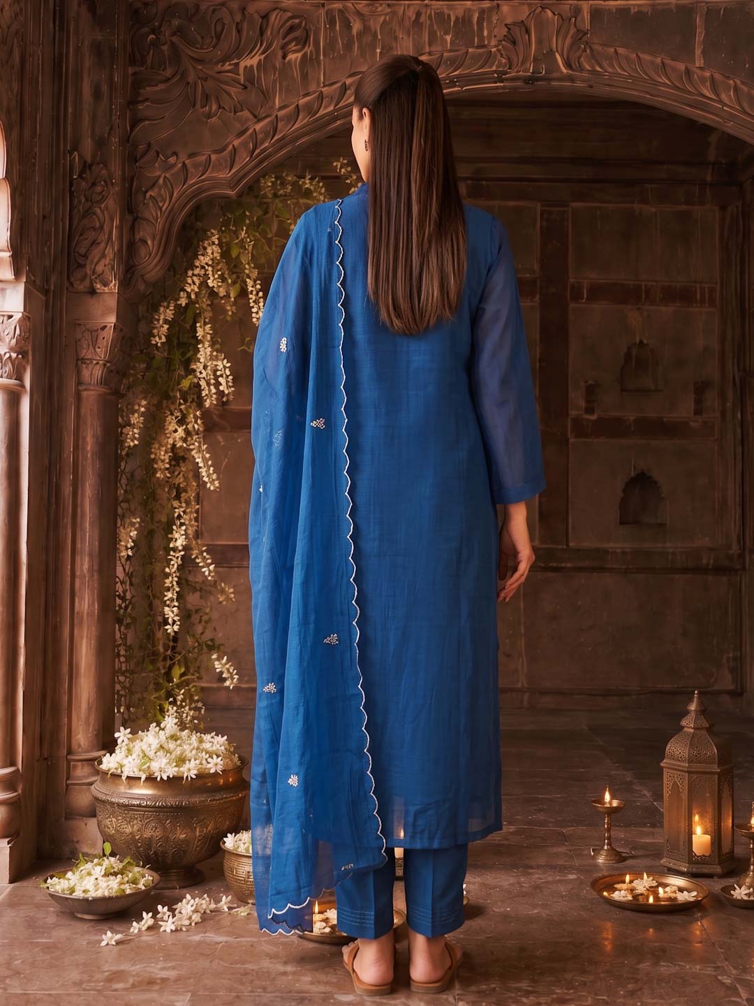 TWILIGHT BLUE MUL CHANDERI SUIT SET WITH HANDWORK