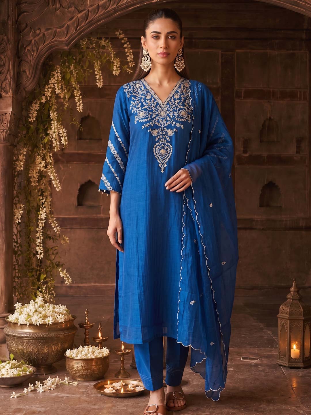 TWILIGHT BLUE MUL CHANDERI SUIT SET WITH HANDWORK