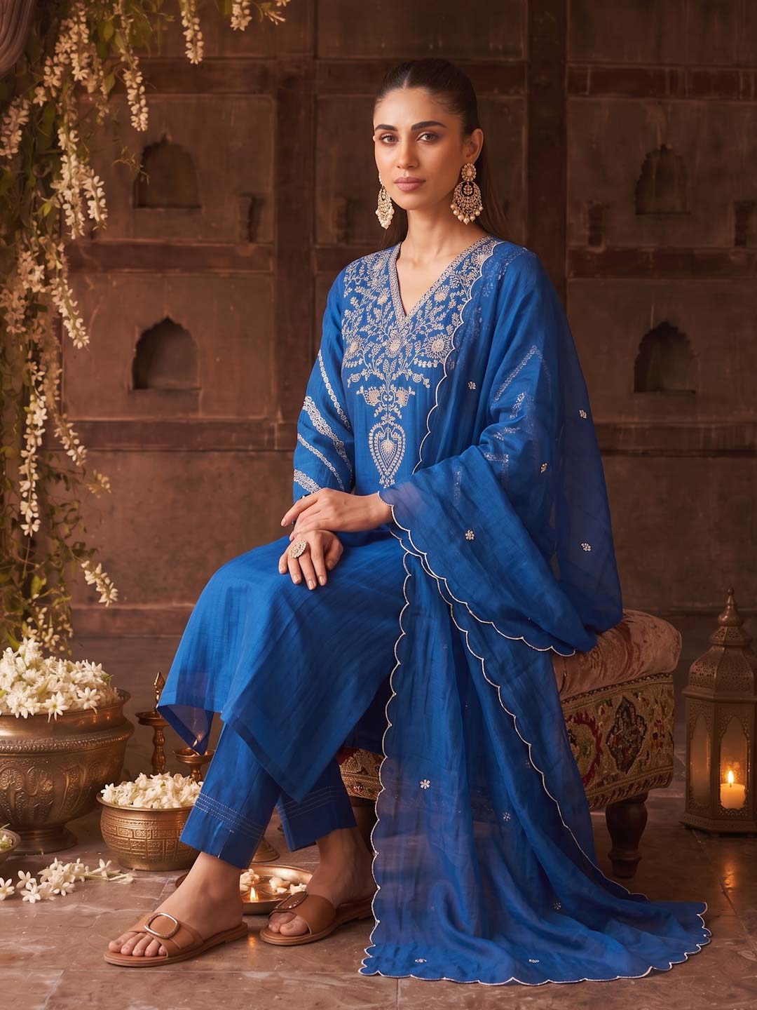 TWILIGHT BLUE MUL CHANDERI SUIT SET WITH HANDWORK