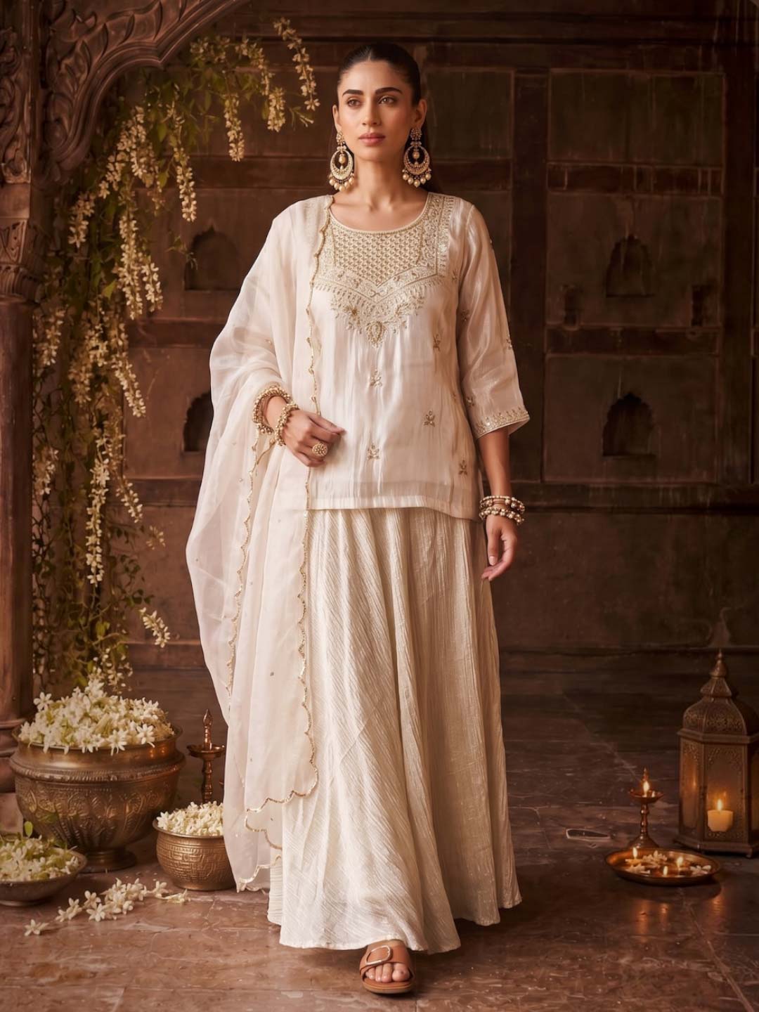 IVORY TISSUE SKIRT SET WITH HANDWORK AND ORGANZA DUPATTA
