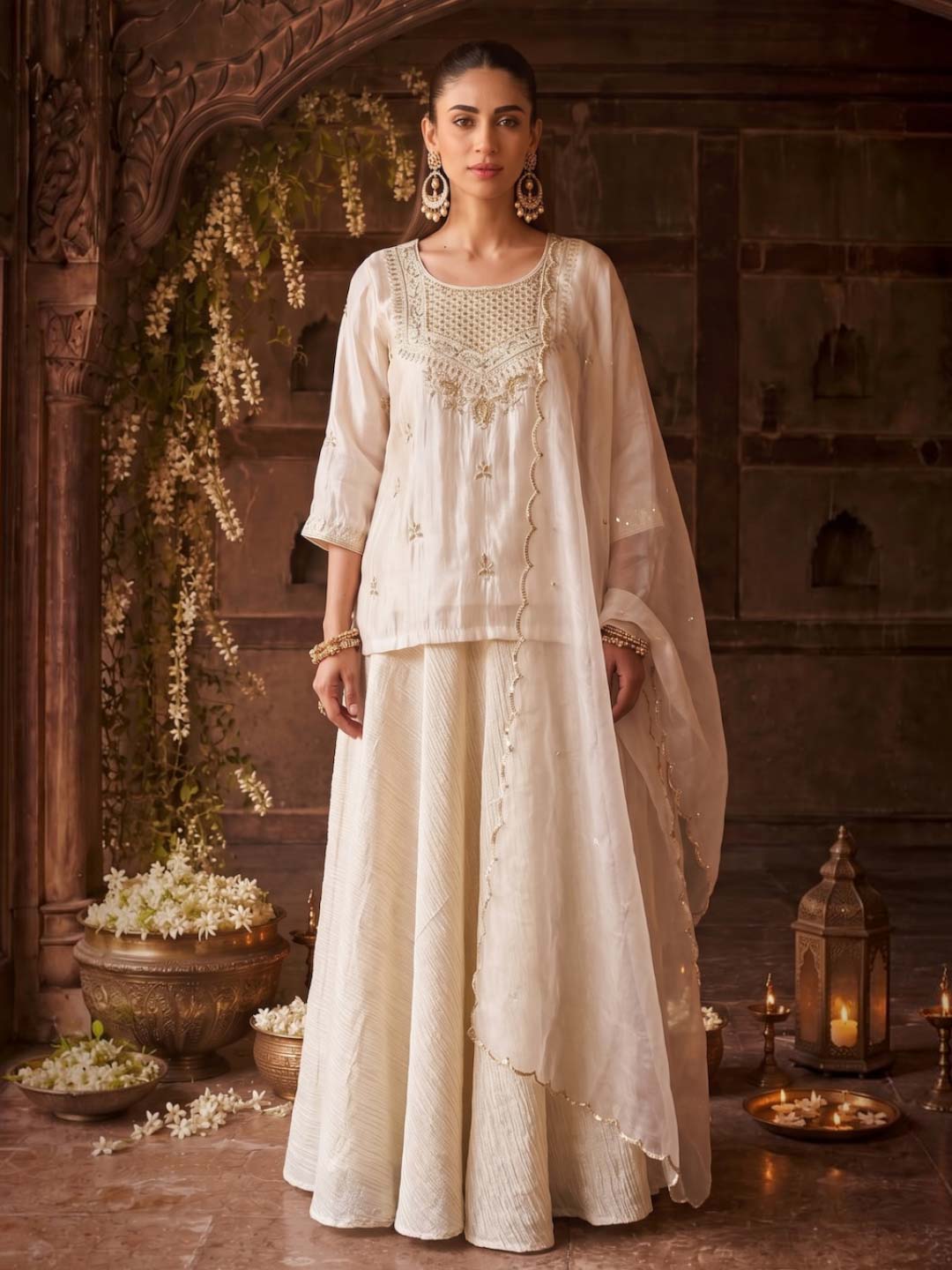 IVORY TISSUE SKIRT SET WITH HANDWORK AND ORGANZA DUPATTA