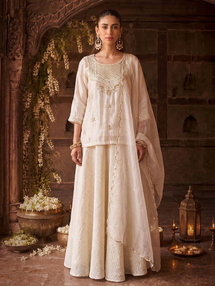 IVORY TISSUE SKIRT SET WITH HANDWORK AND ORGANZA DUPATTA
