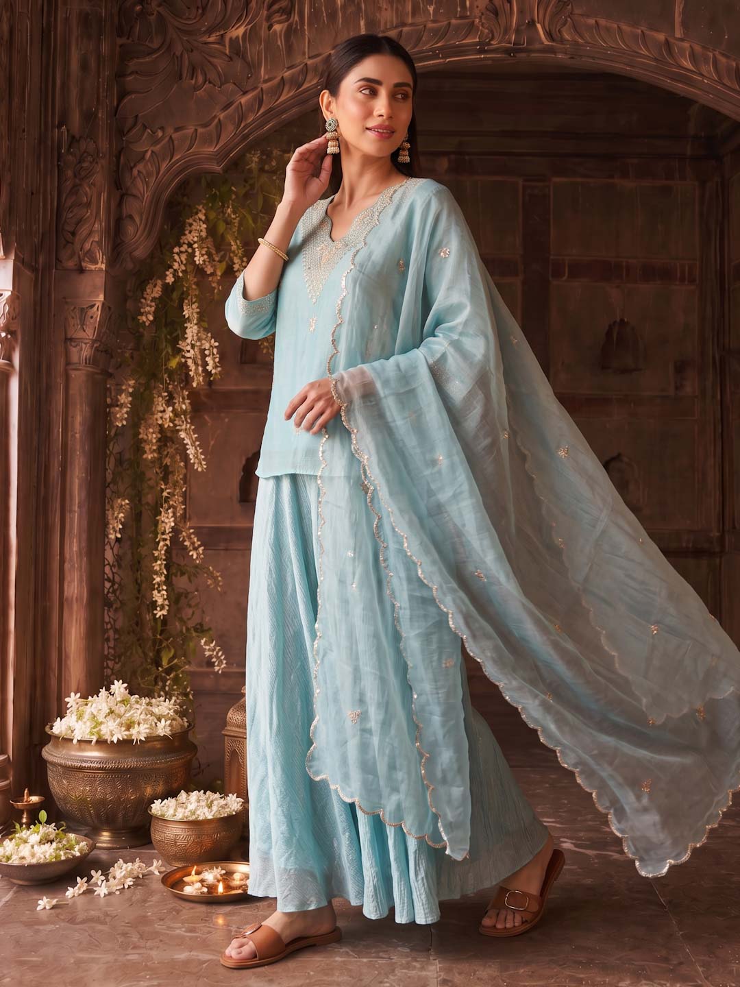 SEA GREEN SKIRT SET WITH HANDWORK AND ORGANZA DUPATTA