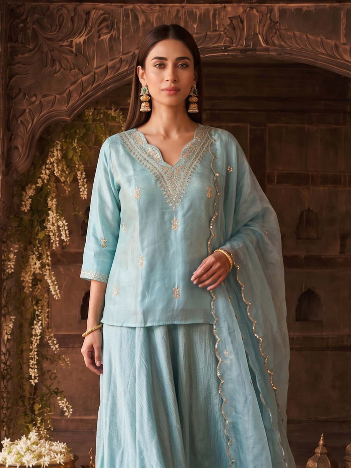 SEA GREEN SKIRT SET WITH HANDWORK AND ORGANZA DUPATTA