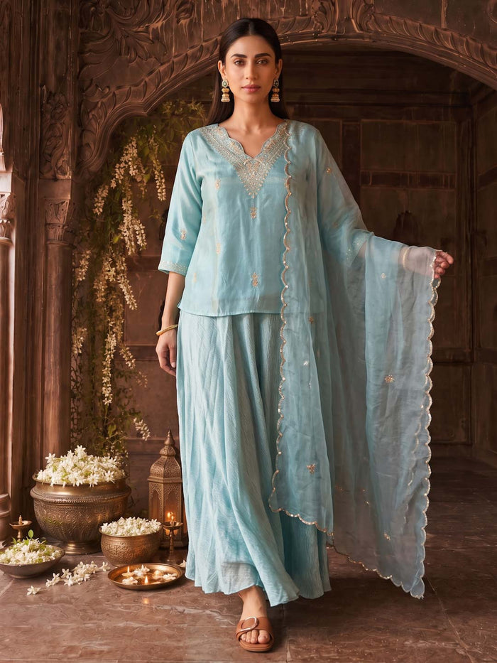 SEA GREEN SKIRT SET WITH HANDWORK AND ORGANZA DUPATTA