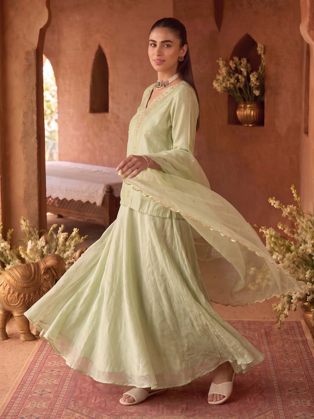 LIGHT GREEN SKIRT SET WITH HANDWORK AND ORGANZA DUPATTA