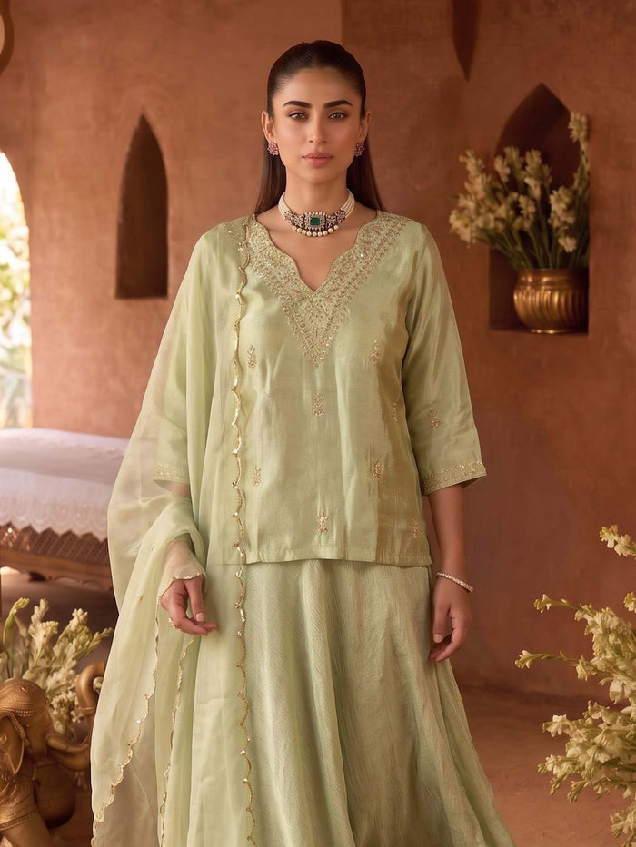 LIGHT GREEN SKIRT SET WITH HANDWORK AND ORGANZA DUPATTA