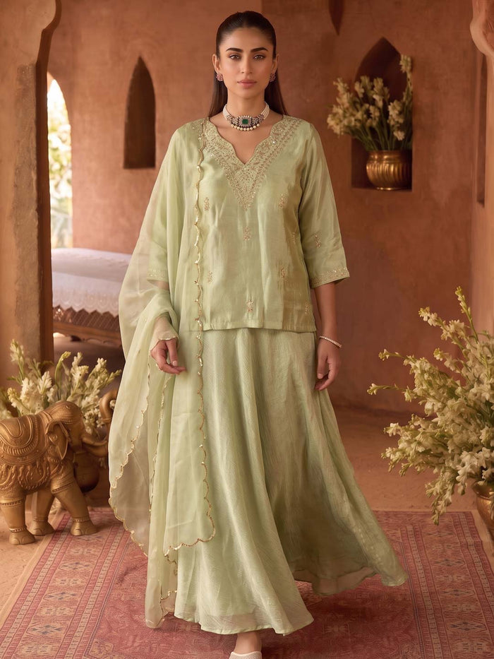 LIGHT GREEN SKIRT SET WITH HANDWORK AND ORGANZA DUPATTA
