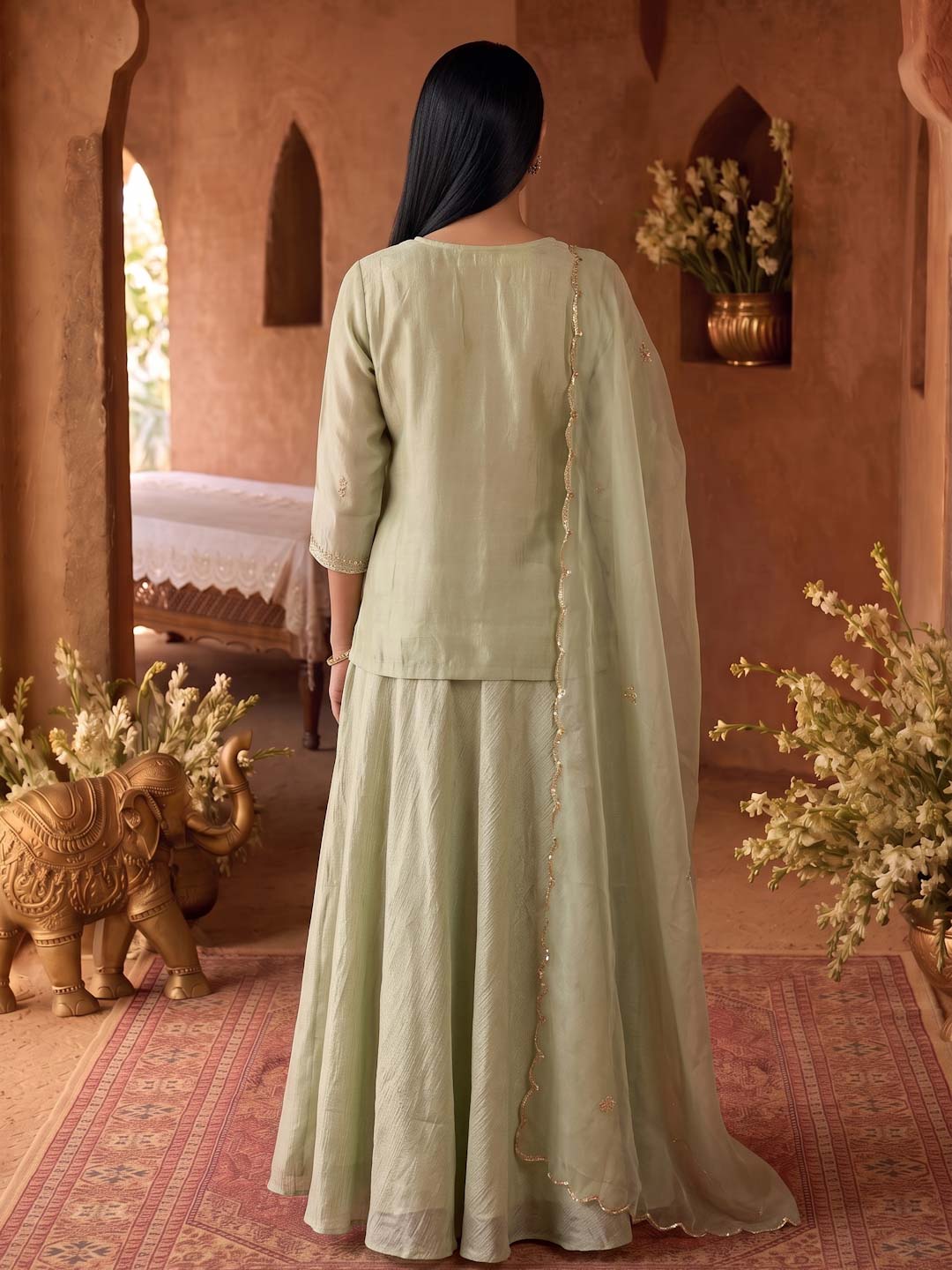 LIGHT GREEN SKIRT SET WITH HANDWORK AND ORGANZA DUPATTA