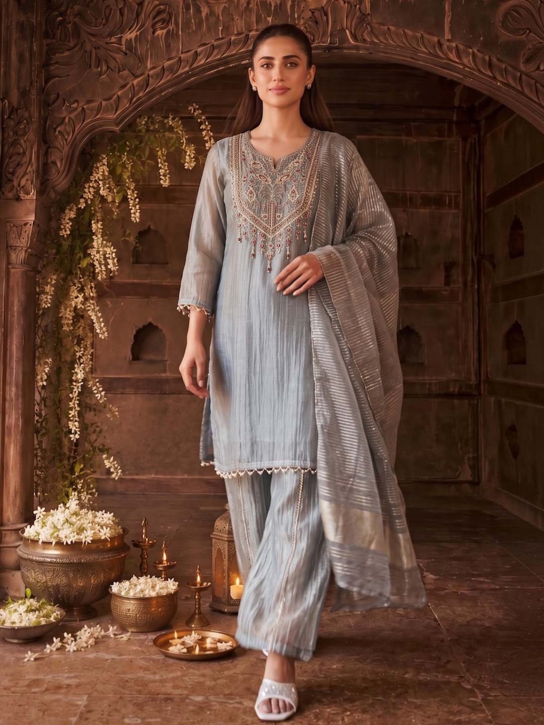 MUTED GREY GOLDEN TISSUE HANDWORK SUIT SET