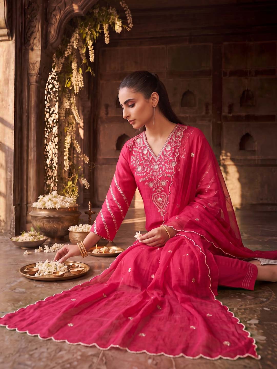 PINK MUL CHANDERI SUIT SET WITH HANDWORK