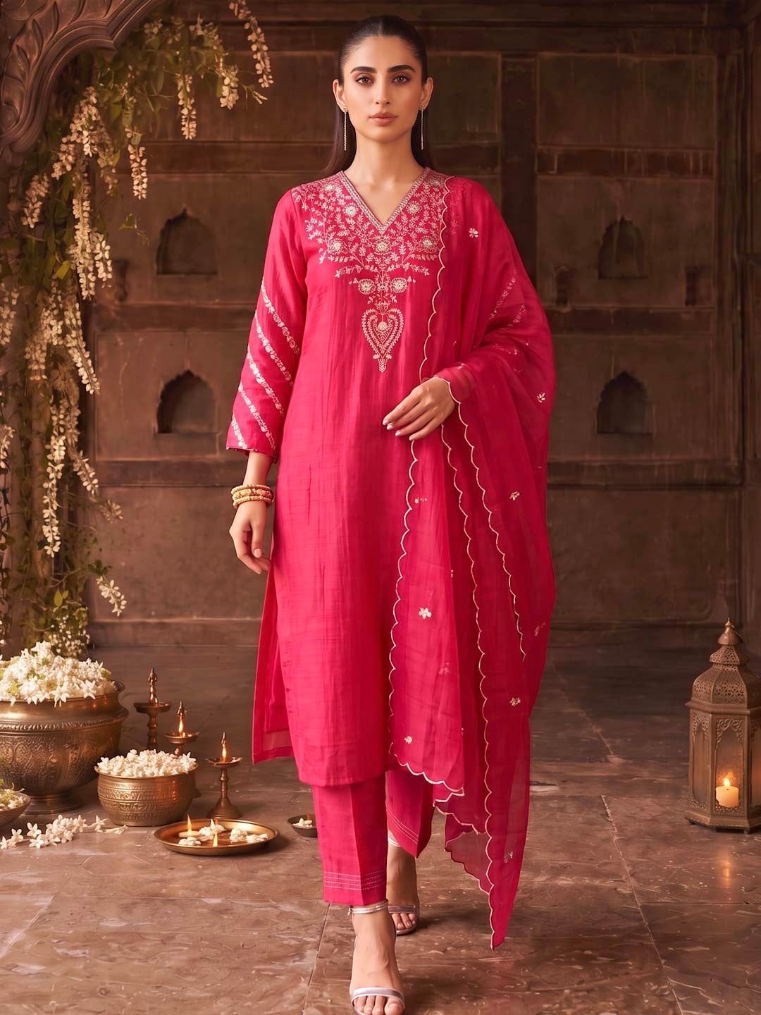 PINK MUL CHANDERI SUIT SET WITH HANDWORK