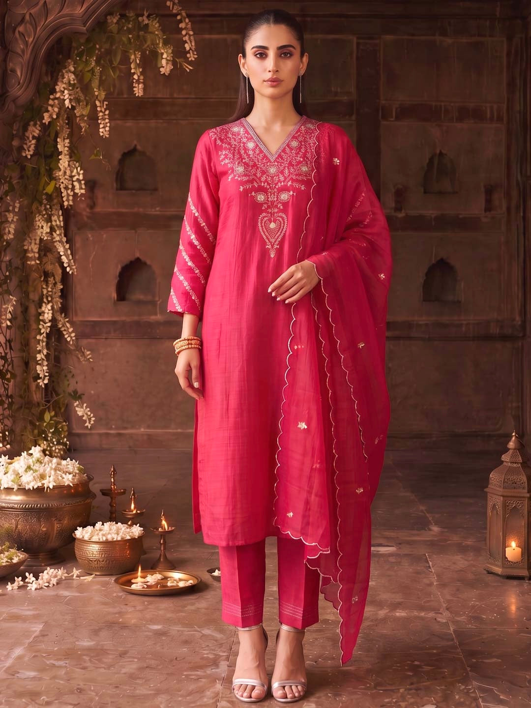 PINK MUL CHANDERI SUIT SET WITH HANDWORK