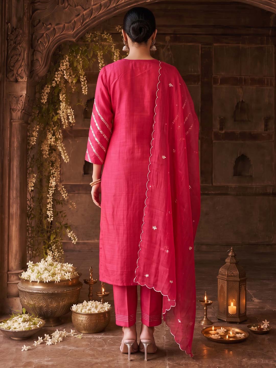 PINK MUL CHANDERI SUIT SET WITH HANDWORK