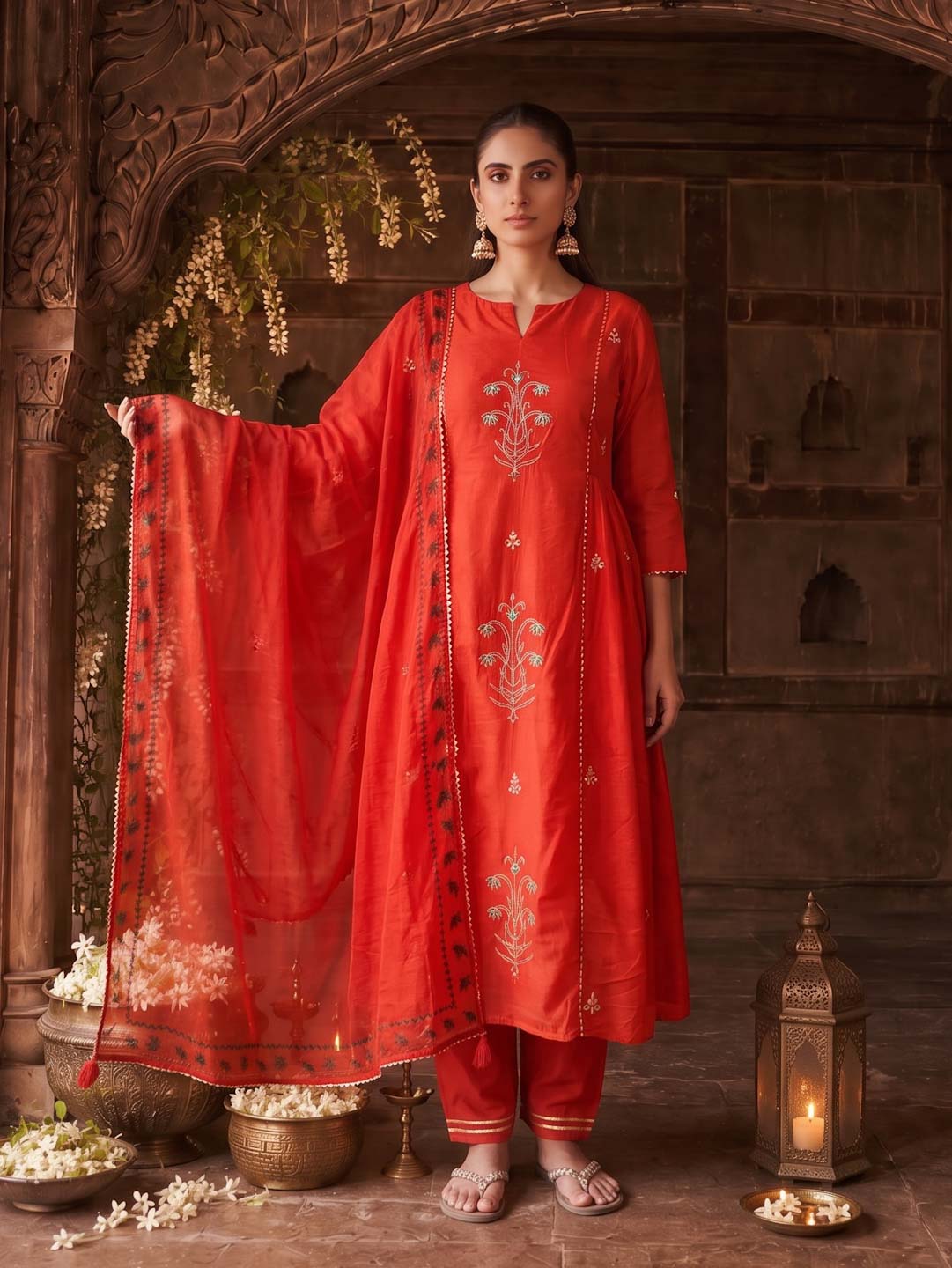 RED CHANDERI SUIT SET WITH PITTAN WORK