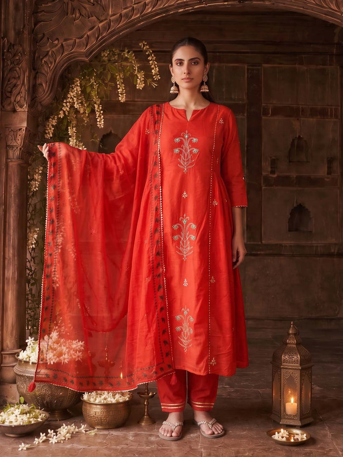 RED CHANDERI SUIT SET WITH PITTAN WORK