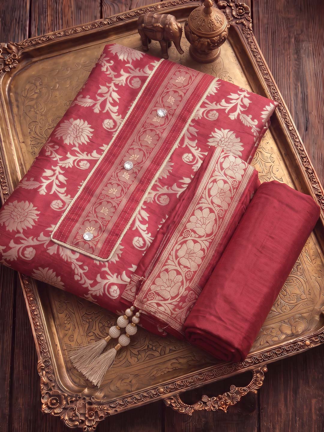 RED BANARSI SILK UNSTITCHED SUIT SET