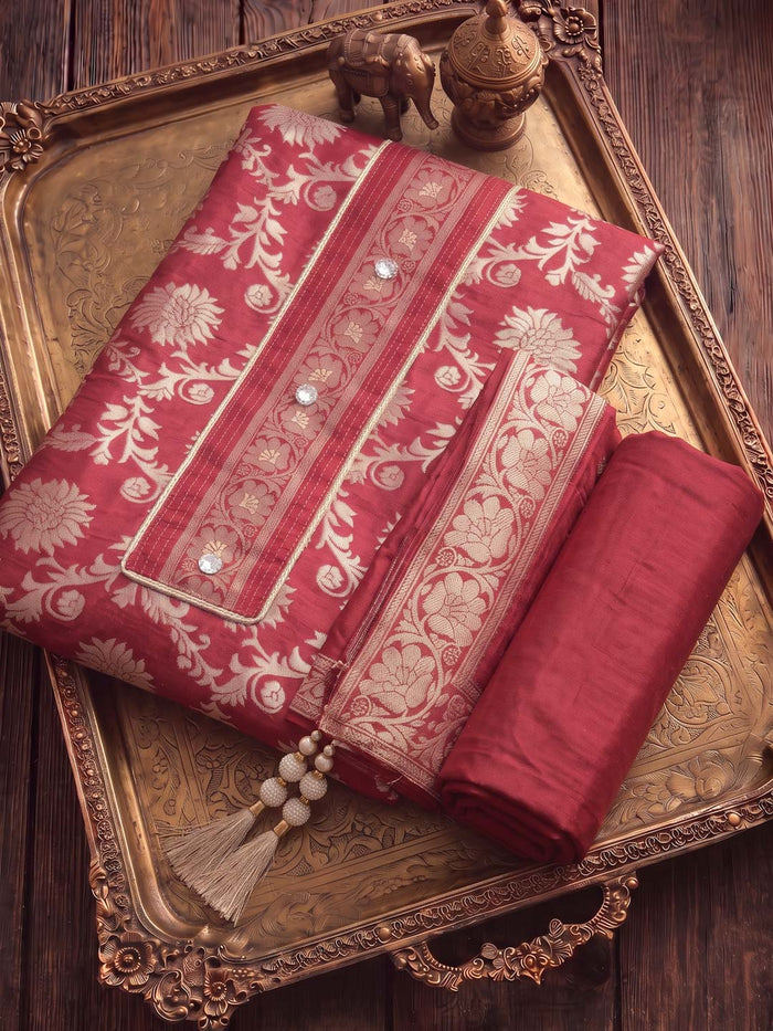 RED BANARSI SILK UNSTITCHED SUIT SET