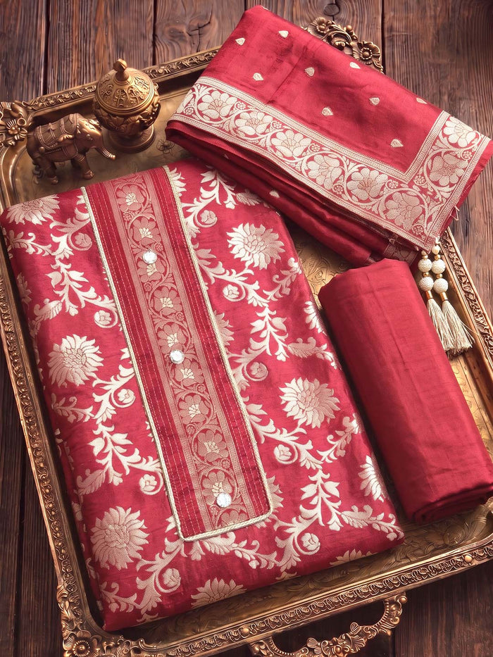 RED BANARSI SILK UNSTITCHED SUIT SET