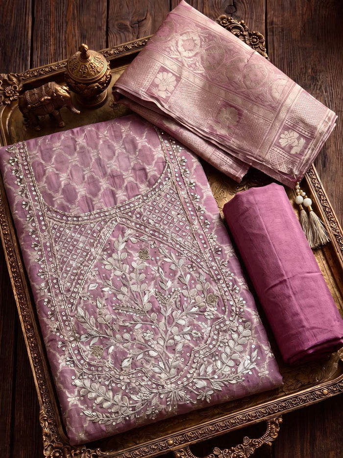 LIGHT PURPLE CHANDERI UNSTITCHED SUIT SET WITH GOTTA WORK
