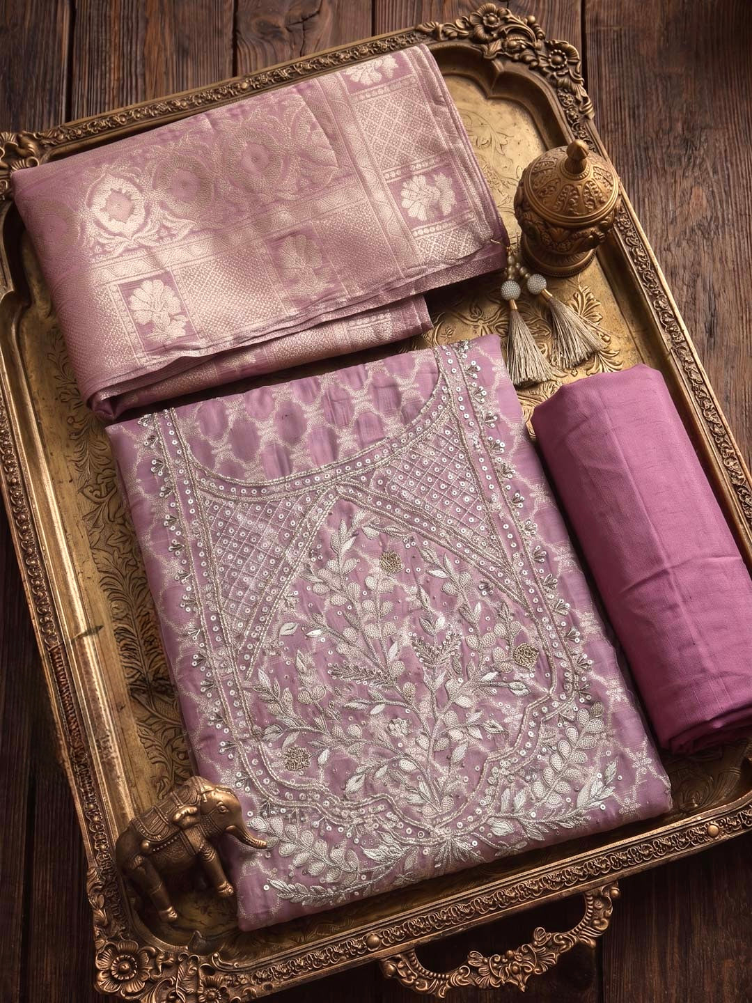 LIGHT PURPLE CHANDERI UNSTITCHED SUIT SET WITH GOTTA WORK