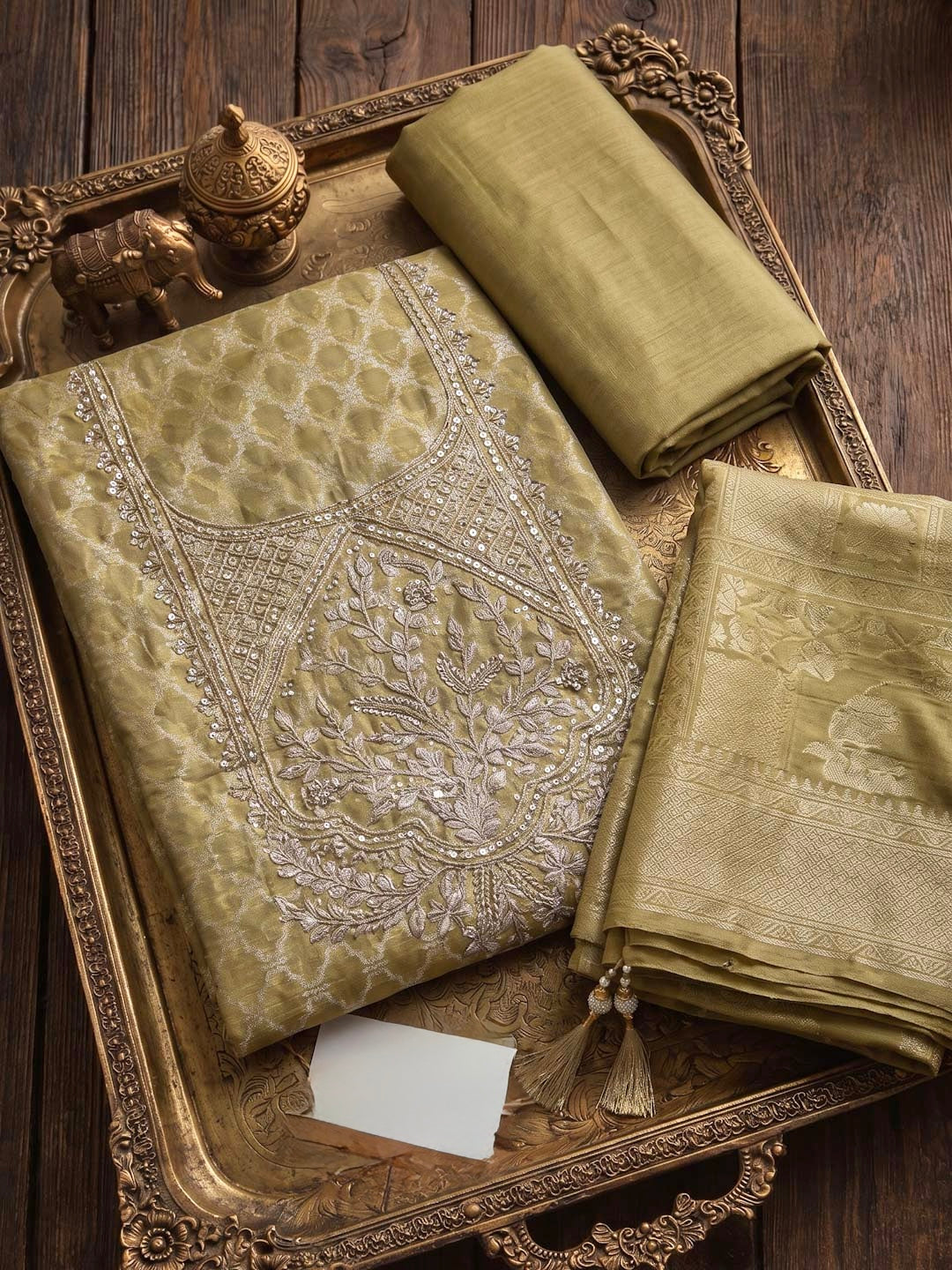 OLIVE GREEN CHANDERI UNSTITCHED SUIT SET WITH GOTTA WORK