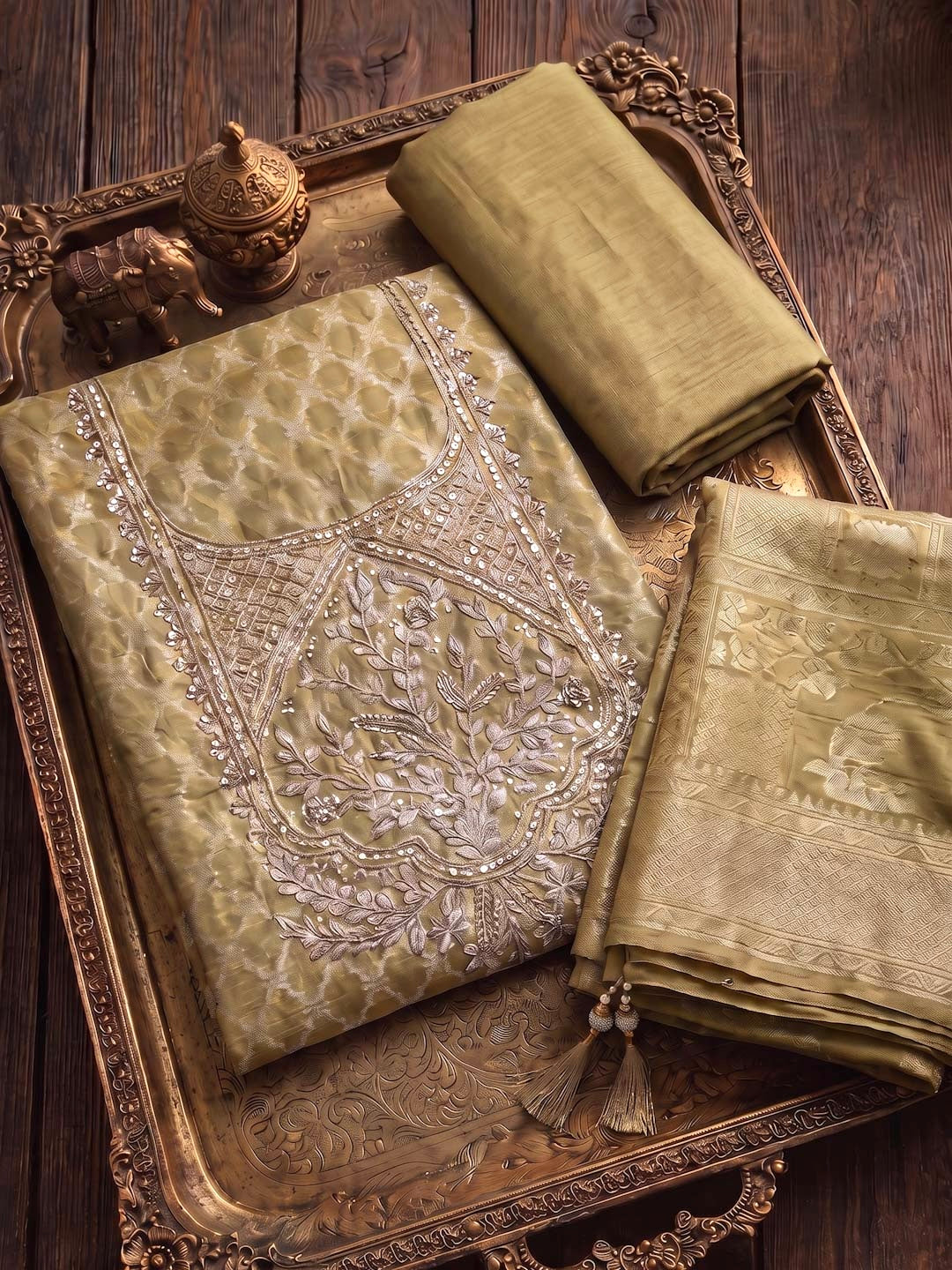 OLIVE GREEN CHANDERI UNSTITCHED SUIT SET WITH GOTTA WORK