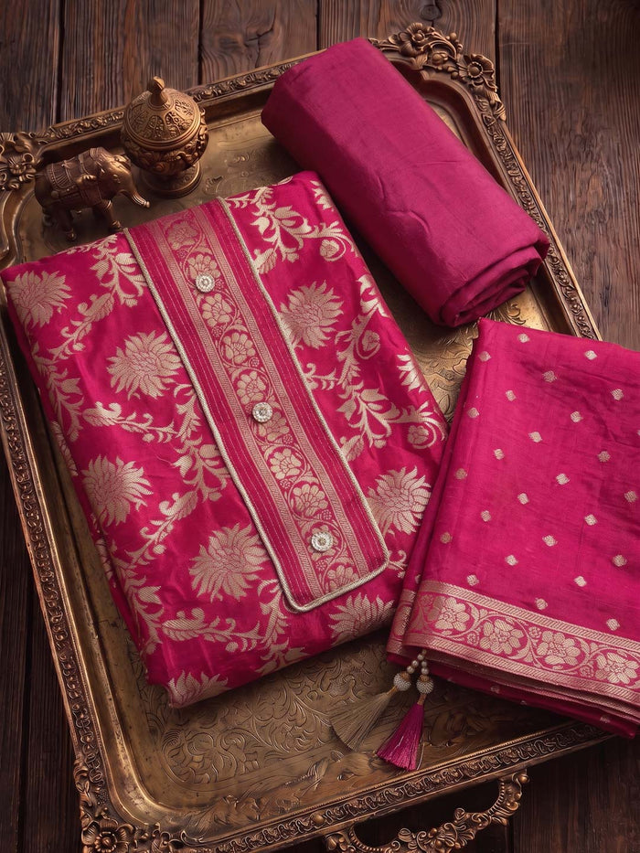 RANI PINK BANARSI SILK UNSTITCHED SUIT SET