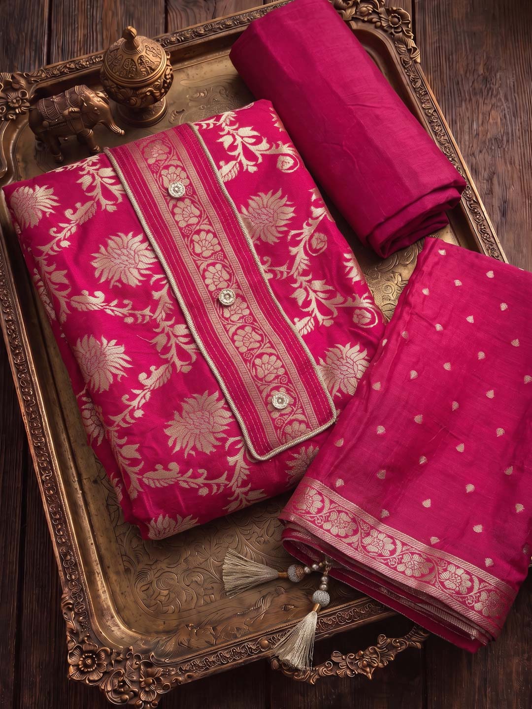 RANI PINK BANARSI SILK UNSTITCHED SUIT SET
