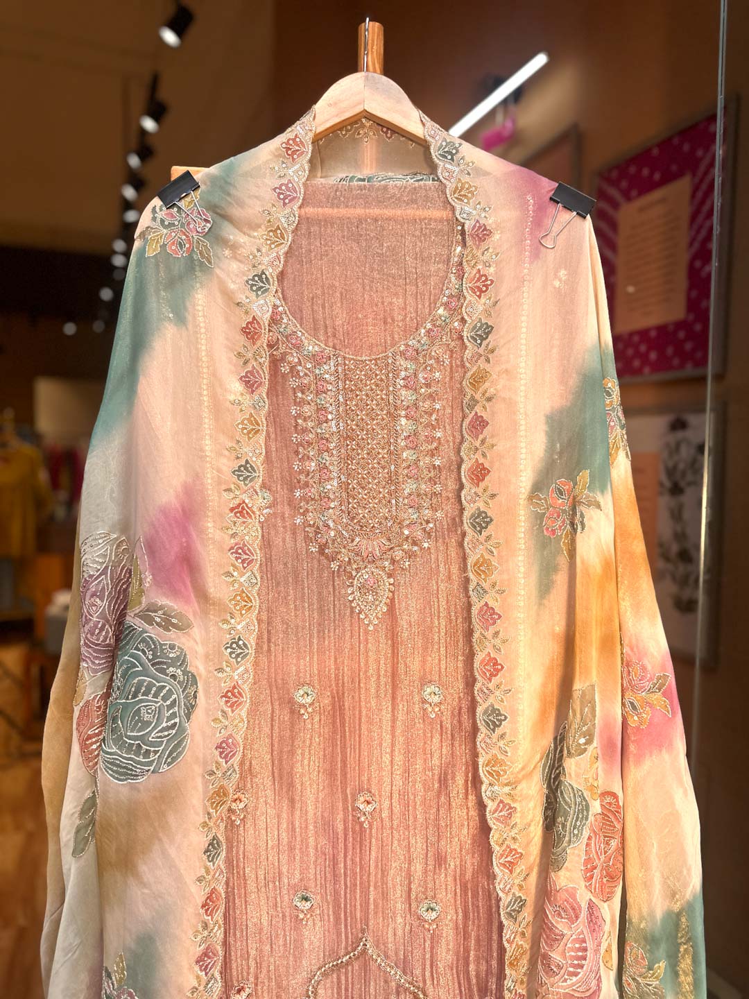 MAUVE TISSUE UNSTITCHED SUIT SET WITH ORGANZA DUPATTA
