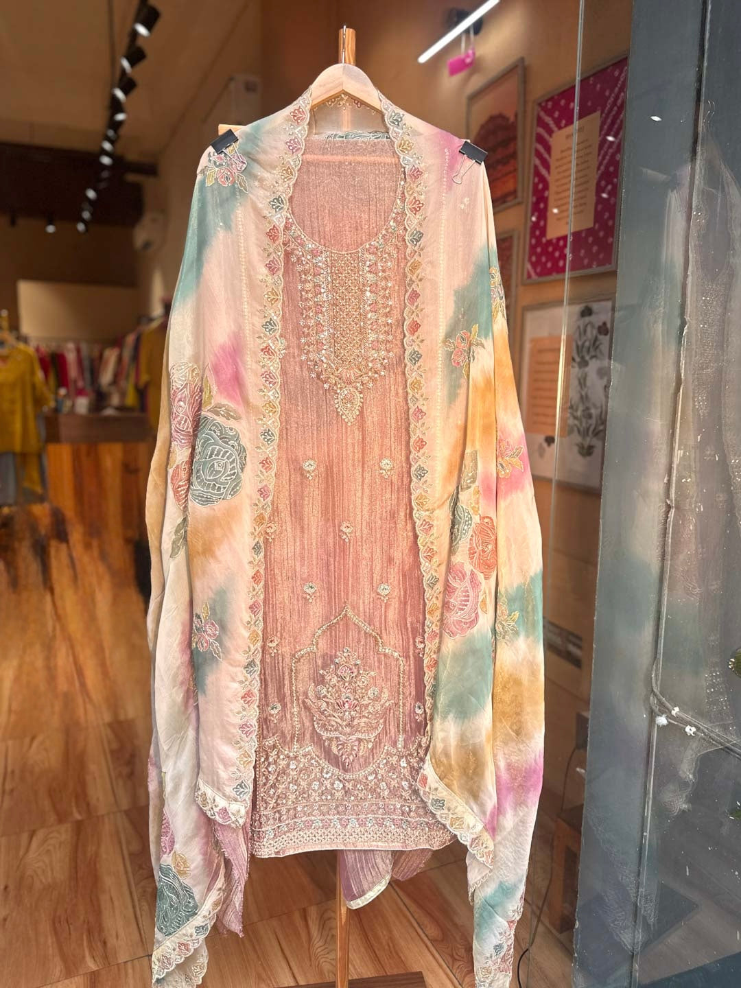 MAUVE TISSUE UNSTITCHED SUIT SET WITH ORGANZA DUPATTA