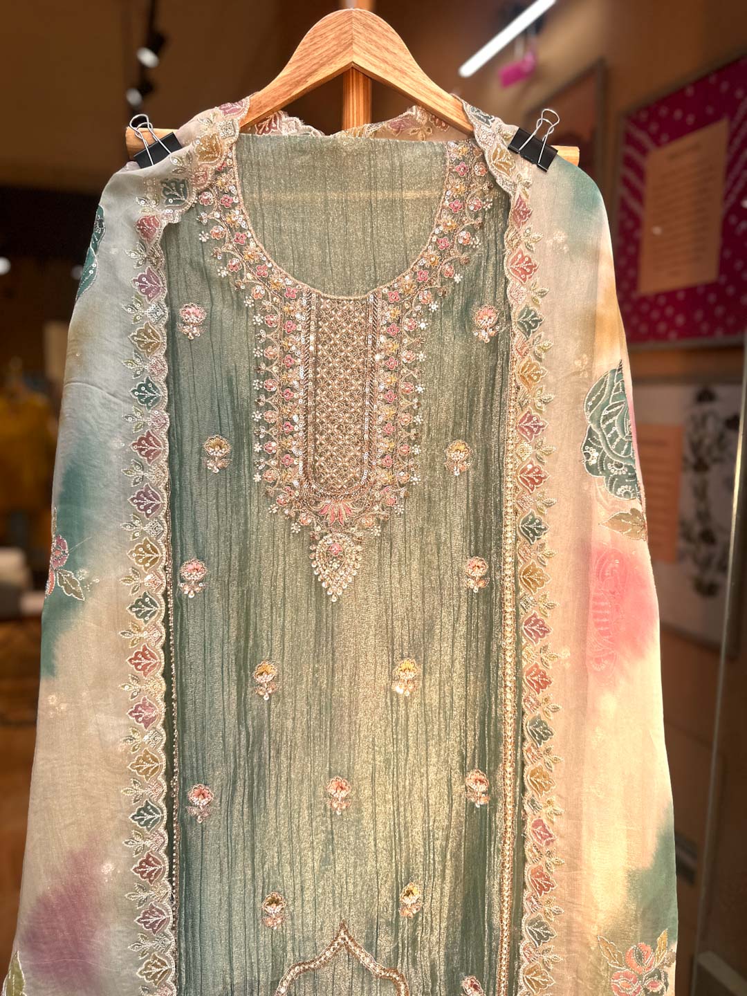 GREEN TISSUE UNSTITCHED SUIT SET WITH ORGANZA DUPATTA