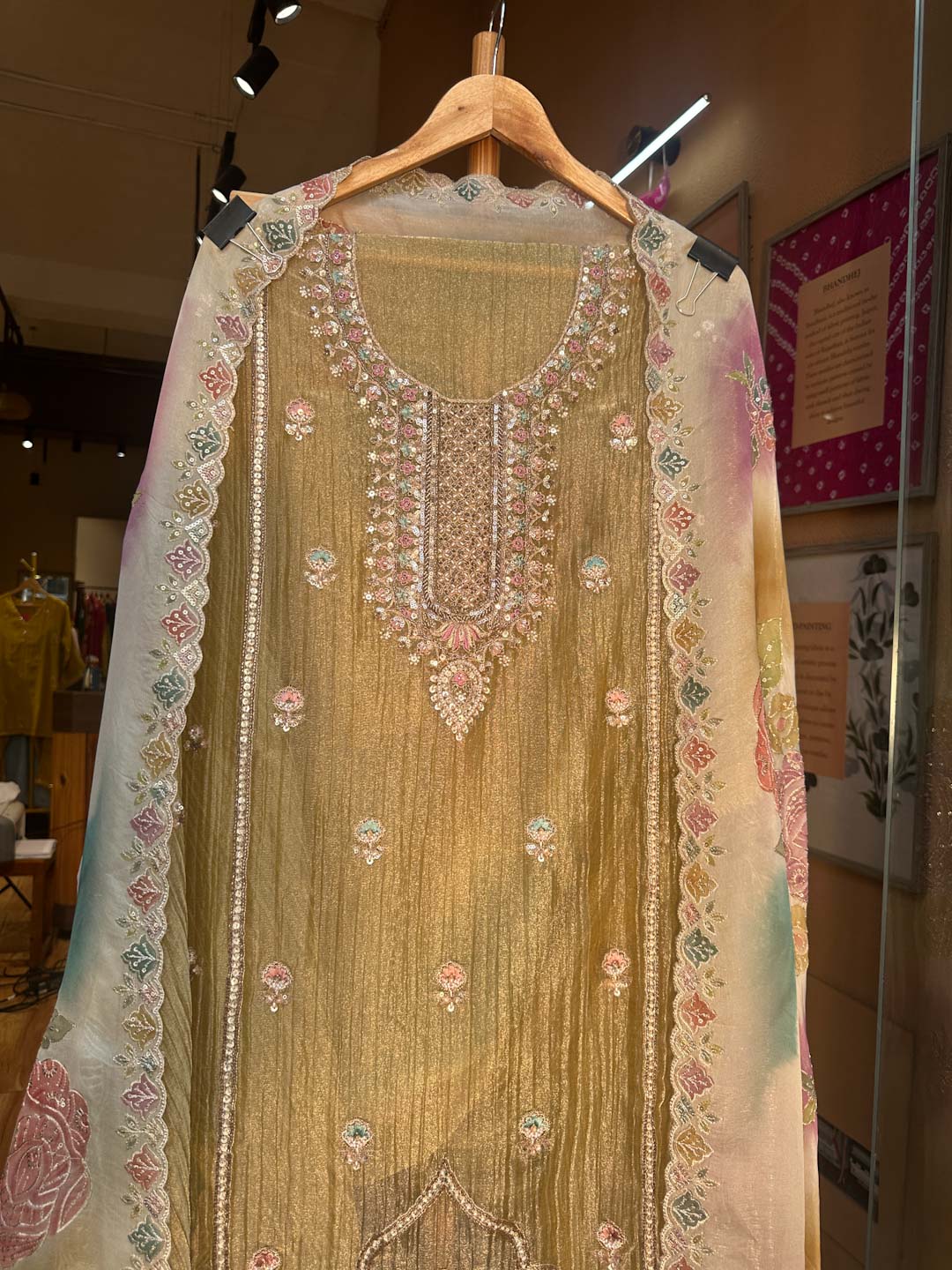 OLIVE GREEN TISSUE UNSTITCHED SUIT SET WITH ORGANZA DUPATTA