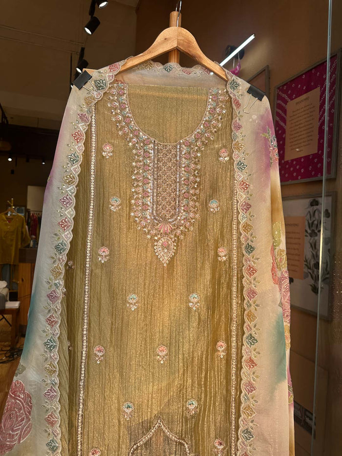 OLIVE GREEN TISSUE UNSTITCHED SUIT SET WITH ORGANZA DUPATTA