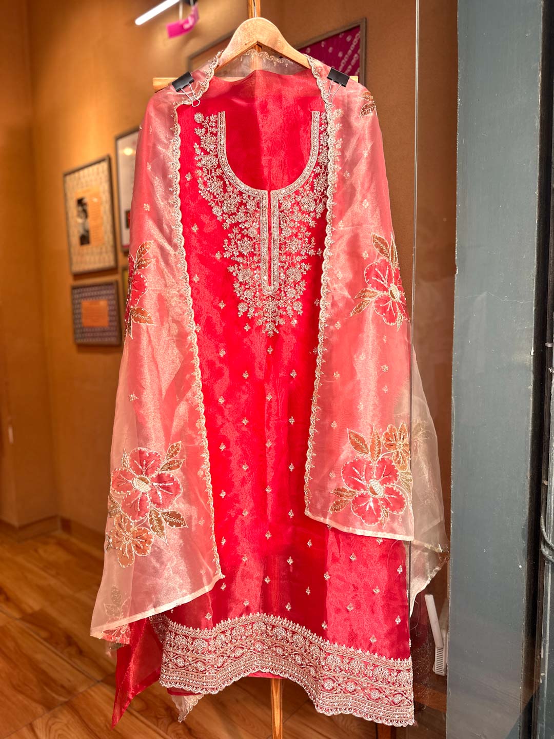 RED ORGANZA UNSTITCHED SUIT SET