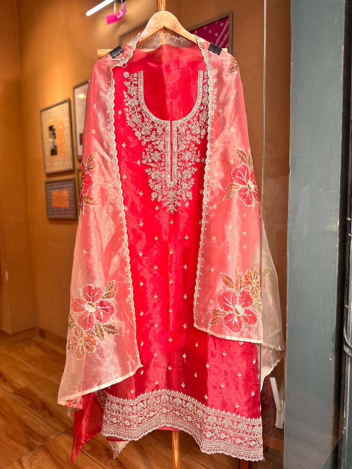RED ORGANZA UNSTITCHED SUIT SET
