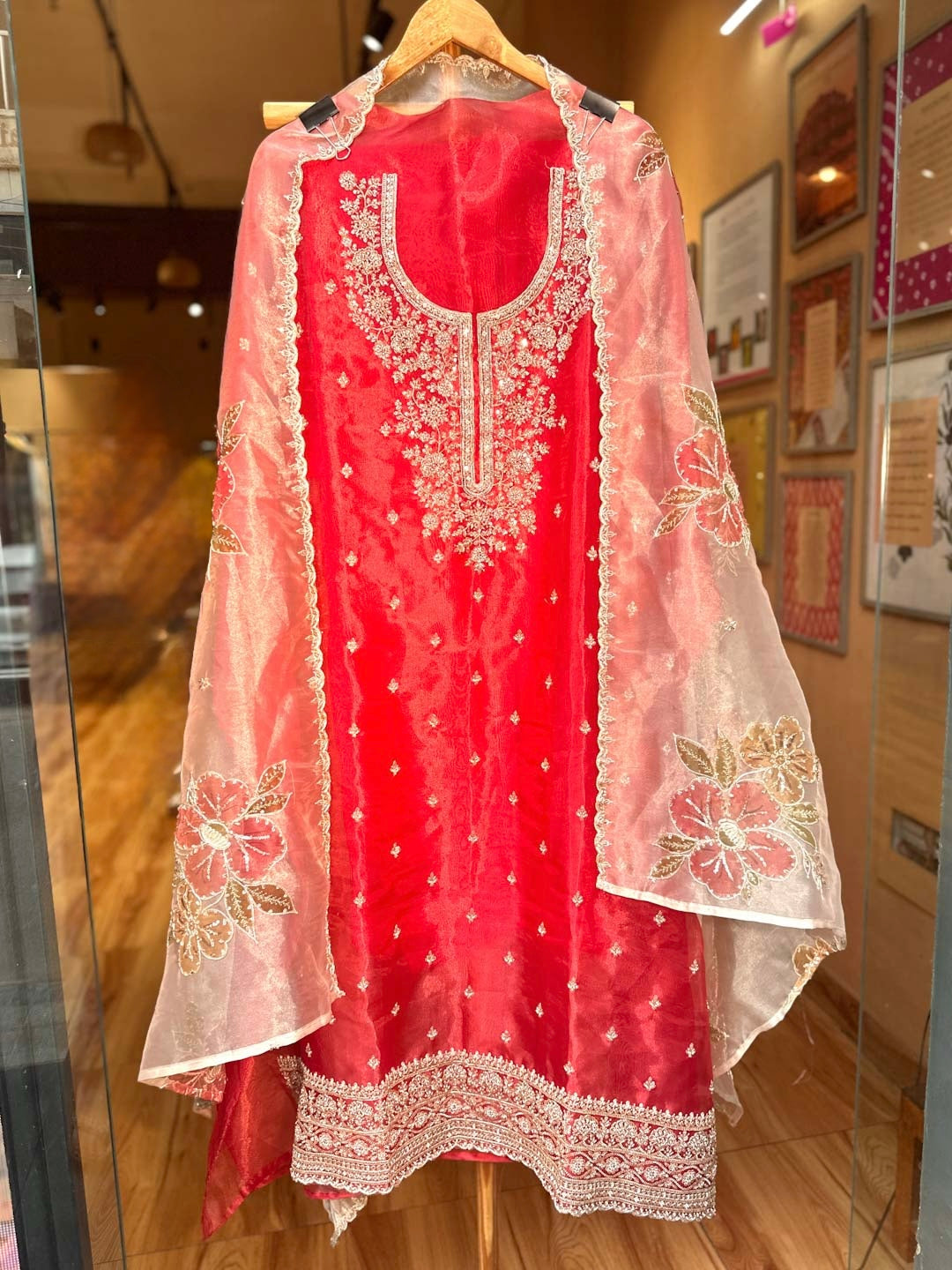 RED ORGANZA UNSTITCHED SUIT SET
