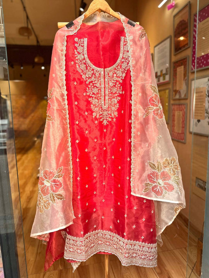 RED ORGANZA UNSTITCHED SUIT SET