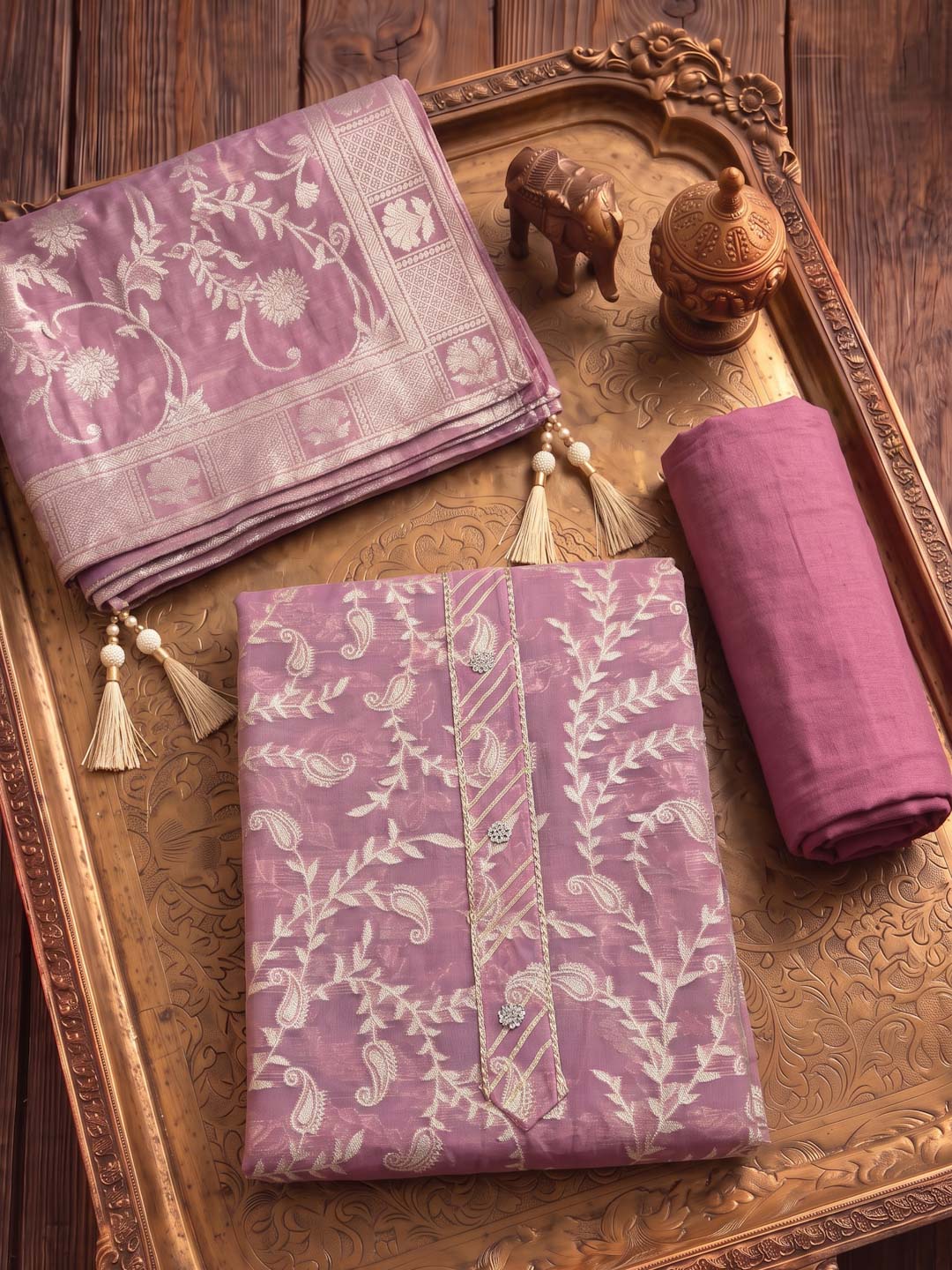 LIGHT PURPLE BANARSI SILK UNSTITCHED SUIT SET