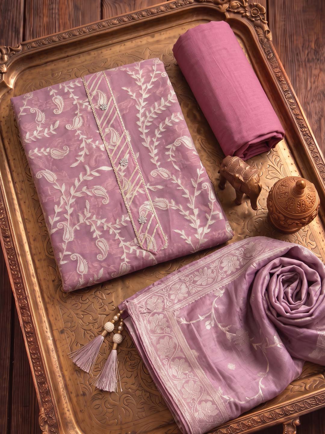 LIGHT PURPLE BANARSI SILK UNSTITCHED SUIT SET